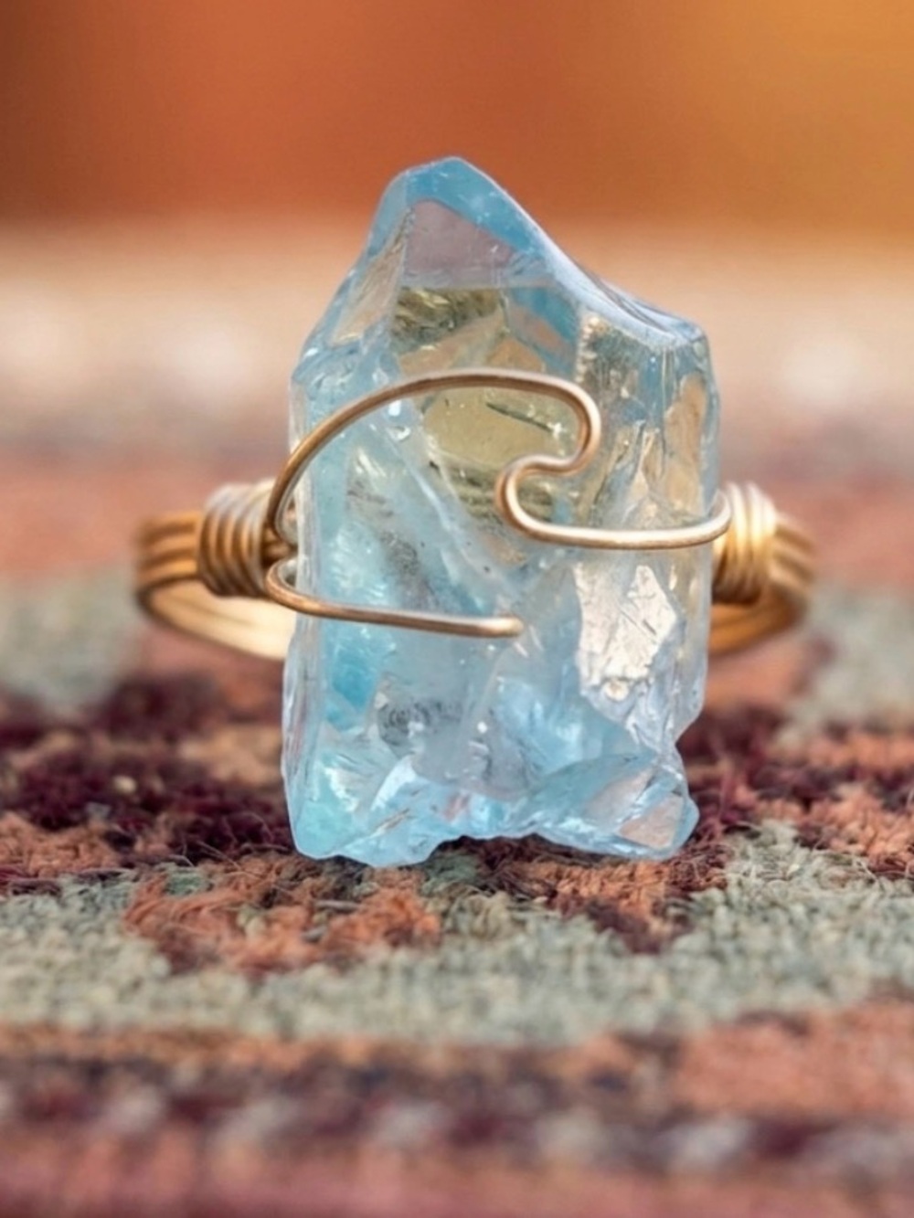 Gold Wire Wrapped Blue Raw Crystal Ring size 8
